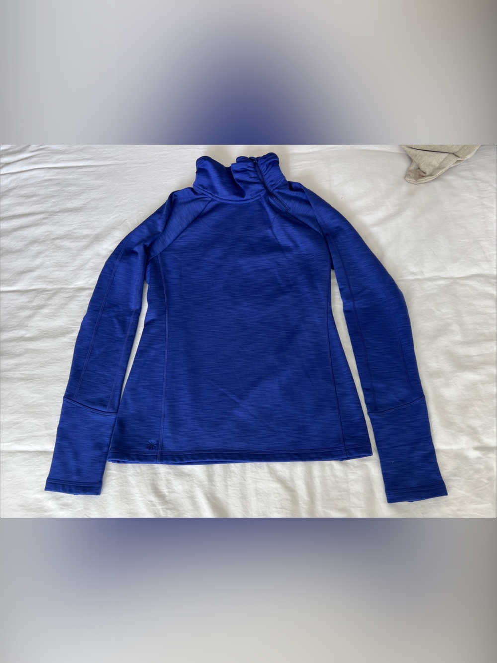 Athleta Royal Blue Long-Sleeve Pullover with Zipped Ruched Neckline